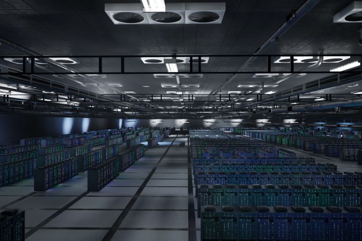 Server racks storing AI datasets for simulation, training and predictive tasks